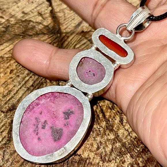 Drusy Solar Quartz & Red Coral Pendant 3” - Picture 11 of 12